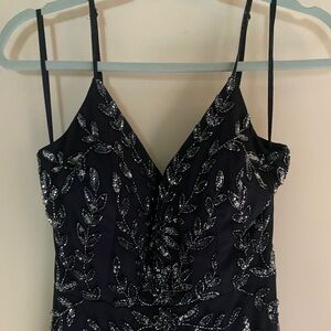 MARINA Midnight Blue Gown with Silver Beaded Leaf Design